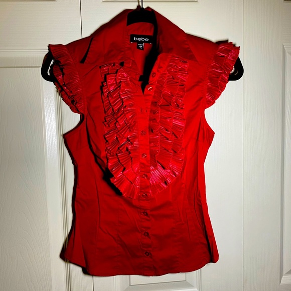 Bebe - Ruffled Sleeveless Fitted Button Down Top - Picture 1 of 5